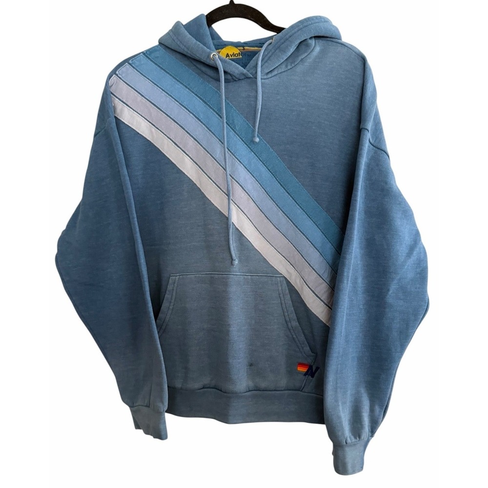 Aviator Nation 5 Cross Stripe Relaxed Pullover Hoodie Faded Water Size Small
